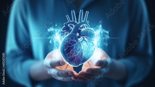Artificial heart 3d organ hologram held by specialist close-up image