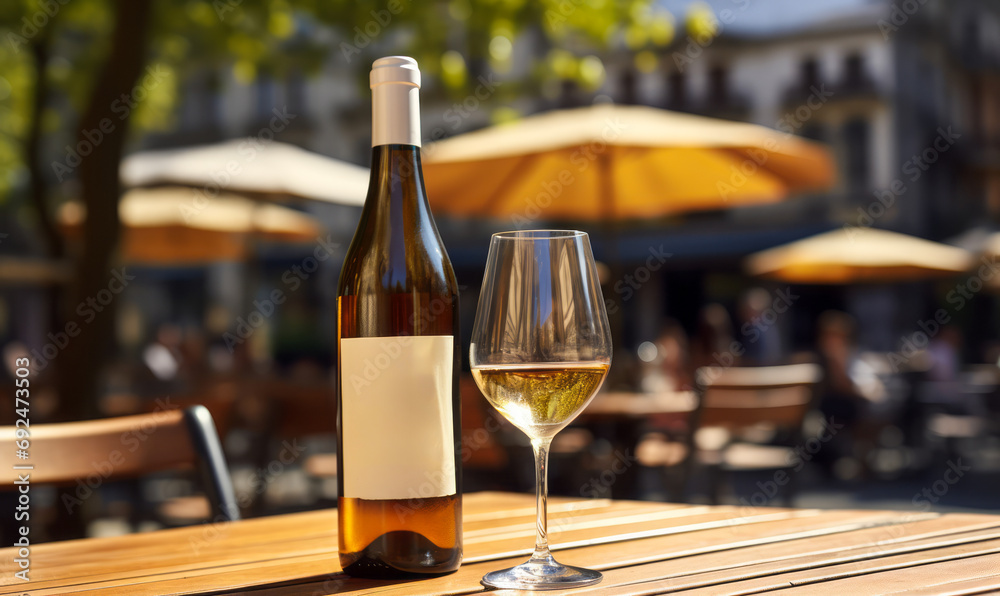 Elegant White Wine Glass and Bottle on Outdoor Cafe Table in Sunny European Street, with Blurred Background of Busy Bistro Terrace and Trees