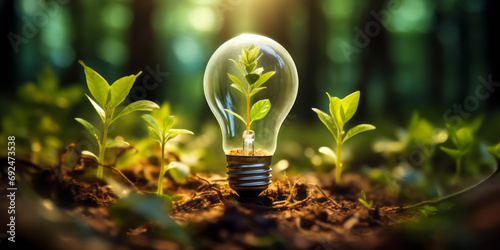 Vibrant green sprout growing inside a light bulb in a sunlit forest, symbolizing eco-friendly energy and sustainable living with bokeh lights photo