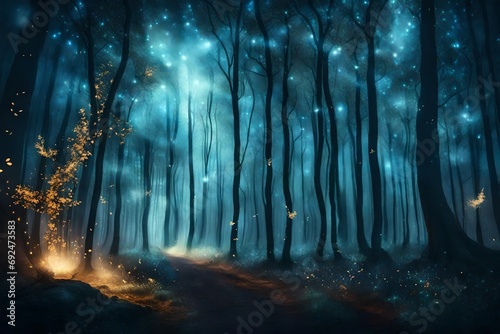 Magical dark fairy tale forest at night with glowing lights and fog und flying particles