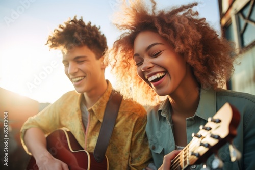 Two joyful young people with a guitar enjoying a sunny day outdoors.