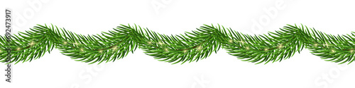 Christmas garland of realistic fir branches with sparkling lights isolated on transparent background. Vector illustration. PNG