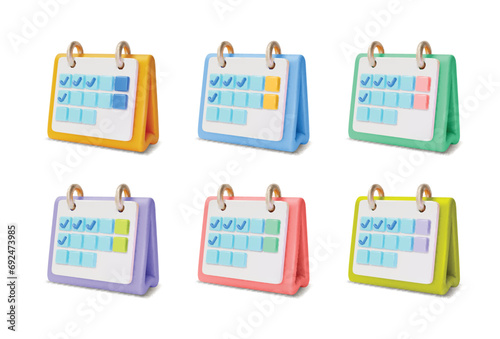 3d Different Color Calendar Check Mark Date Reminder Set Cartoon Style Time Management Concept. Vector illustration of Scheduled Dates, Task and Appointments