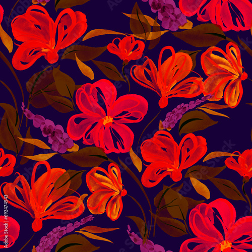 Watercolor seamless pattern with spring floral bouquets. Vintage botanical il...