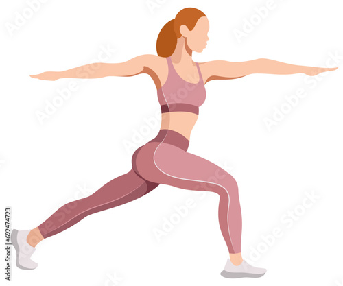 vector image of a girl in a sports uniform  leggings and a sports bra  is engaged in fitness  sports  training. girl squats  does lunges  trains her legs and buttocks. isolated on a white background.
