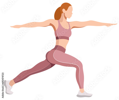 vector image of a girl in a sports uniform (leggings and a sports bra) is engaged in fitness, sports, training. girl squats, does lunges, trains her legs and buttocks. isolated on a white background.