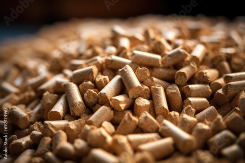 Pile of wood pellets on table. Ecologic fuel made from biomass. Renewable energy source.