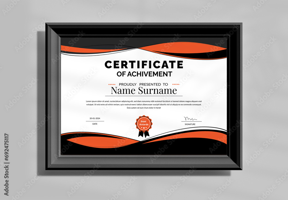 Modern black and orange certificate of achievement Stock Template ...
