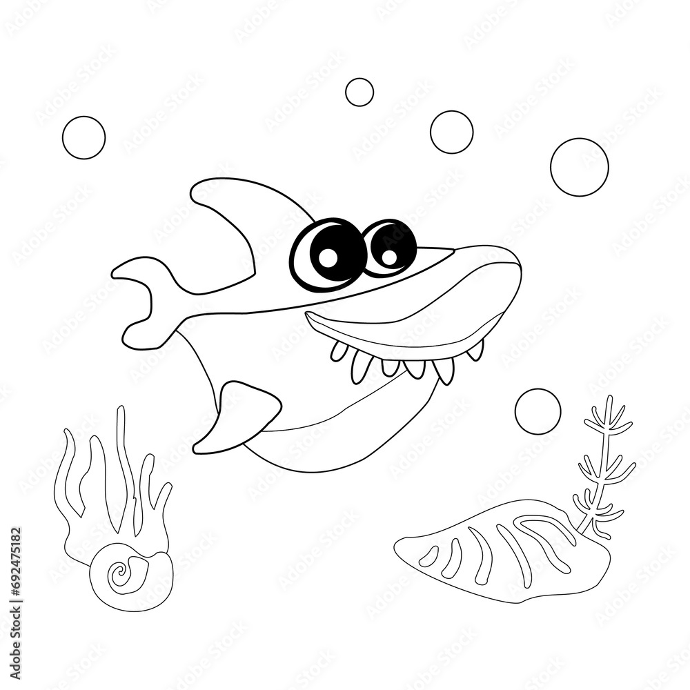 Coloring book Cute shark with shells, bubbles and algae in the ocean. For posters, prints on clothes. Coloring book Cute shark with shells, bubbles and algae in the ocean. For posters, prints on clothes.