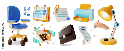 3d Office Icon Set Cartoon Style Include of Calculator, Chair, Calendar, Printer and Lamp. Vector illustration