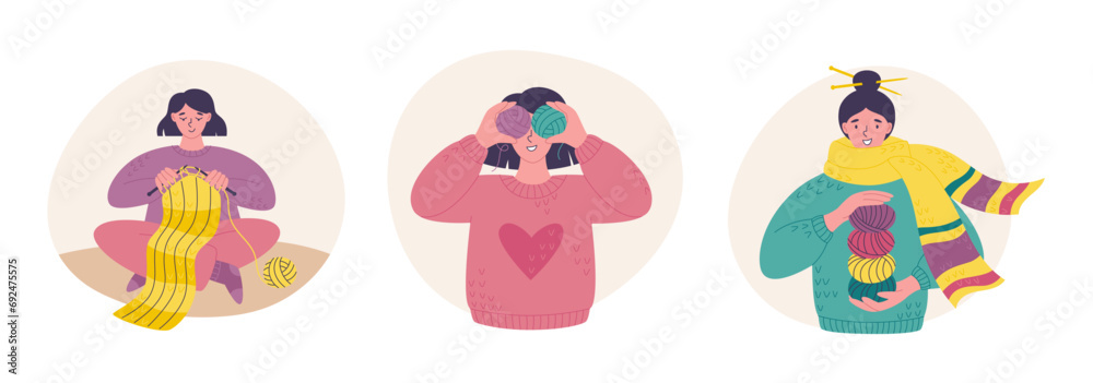 Fototapeta premium Knitting hobby. Girl knitting a scarf. Smiling young woman with yarn skeins in her hands. Vector flat style illustration of handmade hobby