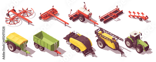 Isometric agricultural equipment. Trailer, sprayer, baler, seeder, mower and other. Vector illustration