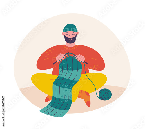 Knitting hobby. Man knitting a scarf. Hand crafting man. Vector flat style illustration of handmade hobby