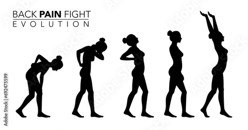 Back pain fight evolution. Silhouette template conception. Vector illustration