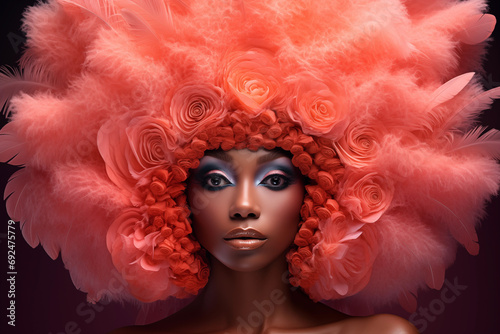 vibrant colors and bold fashion african american model in peach pantone, peach fuzz, ai-generated image