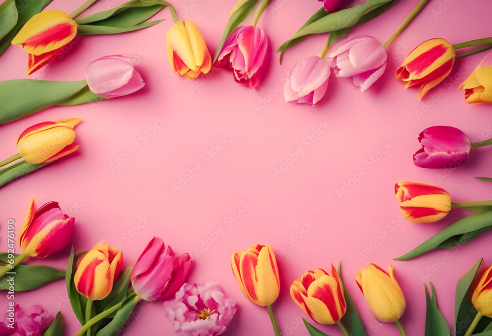 Colorful tulips arranged on a pink background with copy space. Colorful tulips arranged on a pink background with copy space.