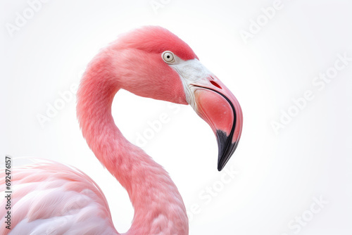 close up of a pink flamingo on white background