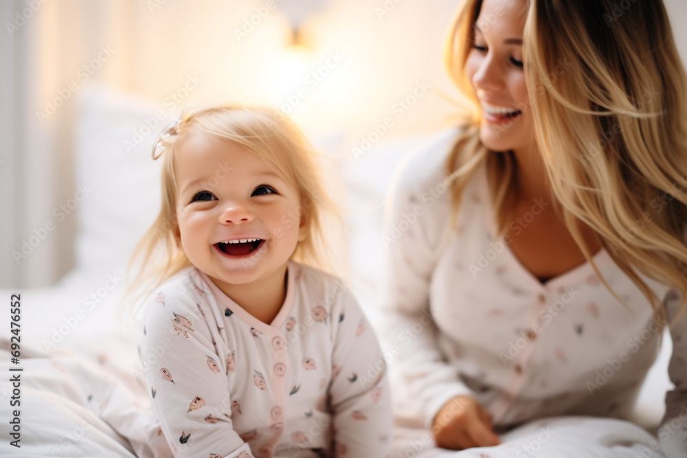 Happy family with cute little kid daughter having fun laughing in bed, family holiday and togetherness. Happy family with cute little kid daughter having fun laughing in bed, family holiday and togetherness.