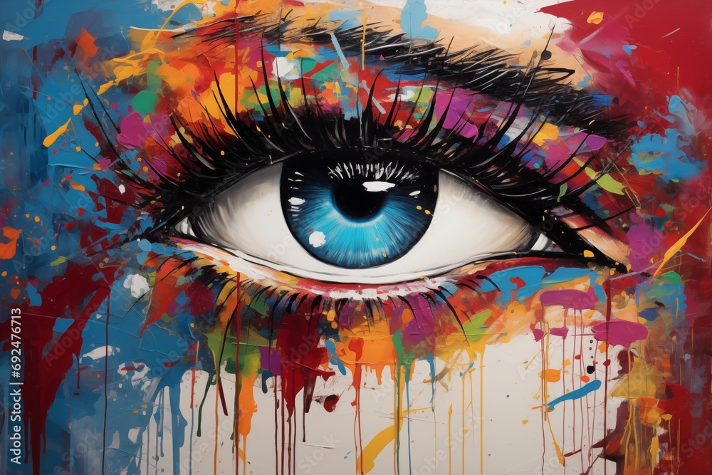 An artistic drawing of the eye painted with paints.