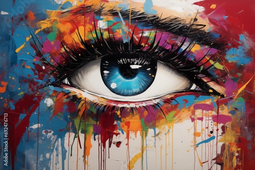 An artistic drawing of the eye painted with paints.