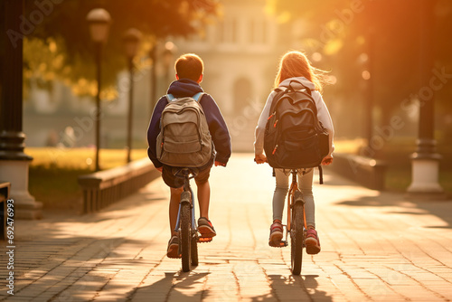 Two school children ride bicycles along the road in a city park. Children with backpacks on bicycles going to school