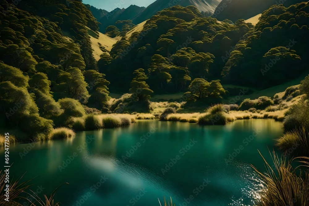 A pristine lake nestled in the valleys of New Zealand, surrounded by rolling hills adorned with vibrant native flora, capturing the essence of the country's picturesque landscapes