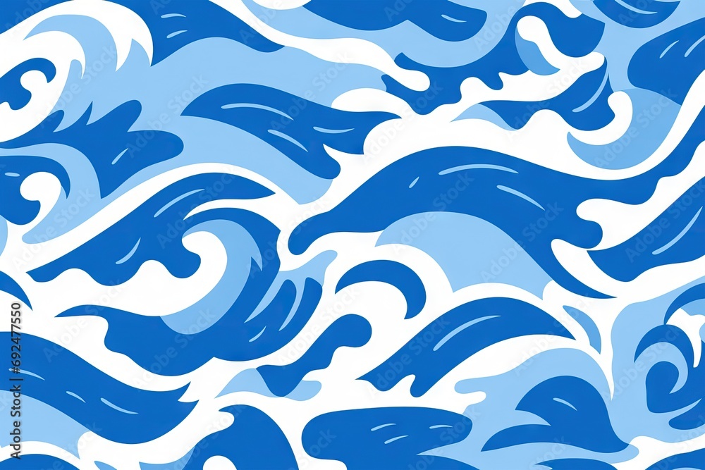 Japanese curl wave line pattern. Blue and white water wave, nautical sea tides. Abstract ocean waves background. Traditional oriental style