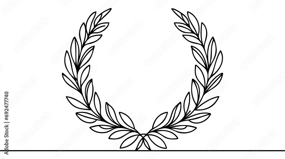 Laurel wreath one line art. Continuous line drawing of festive, solemn wreath with ribbons Laurel wreath one line art. Continuous line drawing of festive, solemn wreath with ribbons
