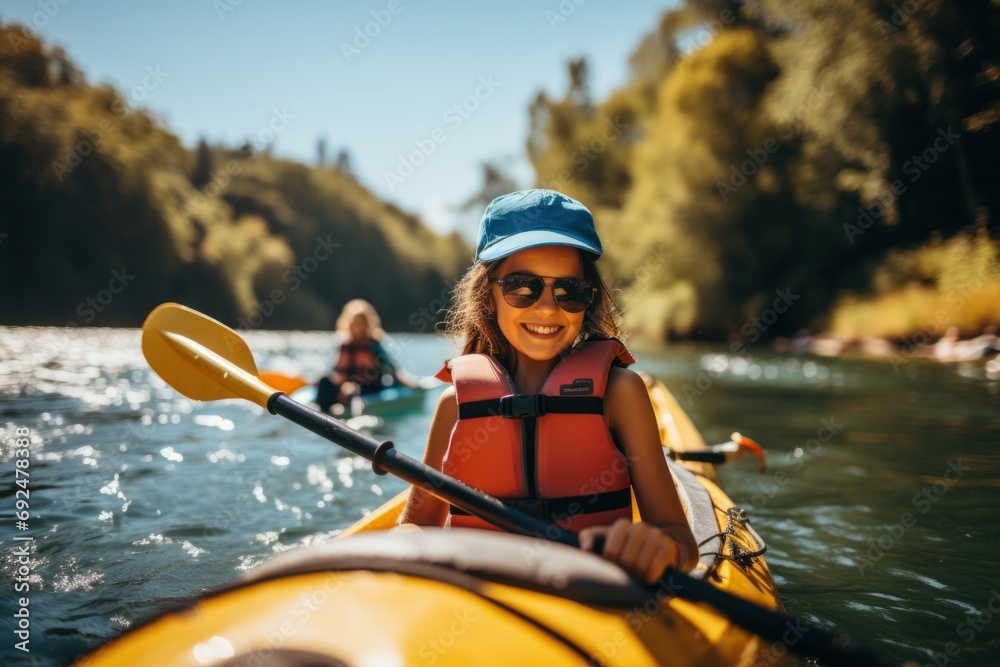 Young caucasian girl kayaking on a picturesque river, summer water adventure. Active holiday with friends
