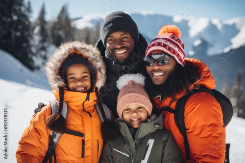 Black family taking photos together at a ski resort, varied winter recreation. Winter active recreation. Time with family