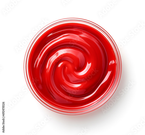 Ketchup in glass bowl isolated on white background, top view