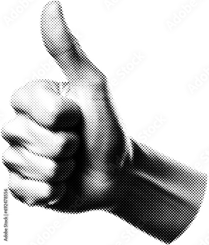 Thumbs up hand gesture in halftone dots texture, isolated black and white vector design element