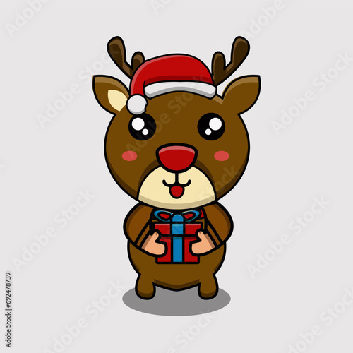 cute vector illustration of a reindeer character with a christmas hat and holding a gift