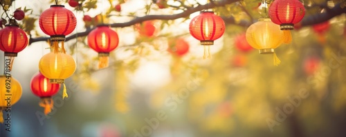 Colorful hanging lantern traditional Asian decor on blurred street. Chinese lantern festival. New Year abstract greeting background with copy space. Design for poster, card, banner photo