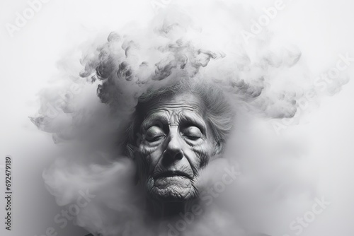 Elderly woman depressed illustration with her head in black cloud. Surreal concept of mental health issue and anxiety