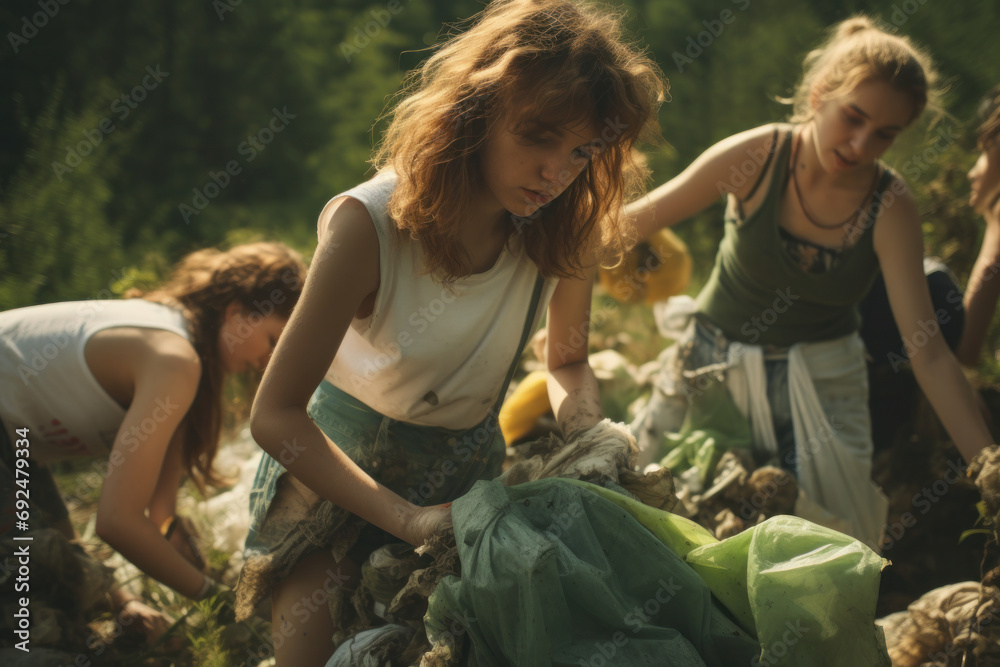 Fototapeta premium Young volunteers diligently cleaning up litter in nature, highlighting environmental activism