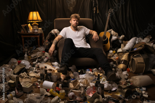 Disheveled man with guitar surrounded by an overwhelming amount of household trash