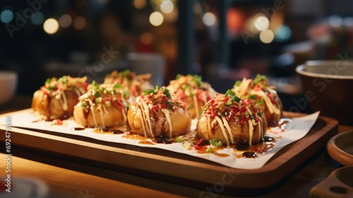 Takoyaki, a popular Traditional Japanese snack. octopus balls. street food Asia photo