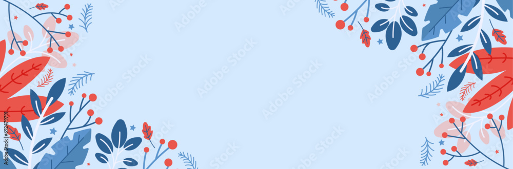 Bannière végétale d'éléments floraux vectoriels aux couleurs hivernales - Feuilles, branches et fleurs  légères - Arrière-plan décoratif naturel - Fond végétal festif et poétique - Illustration