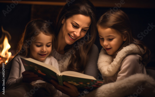 Mother and child reading book in bed before going to sleep