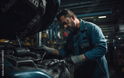 Focused mechanic working attentively on car repairs in a well-equipped automotive workshop