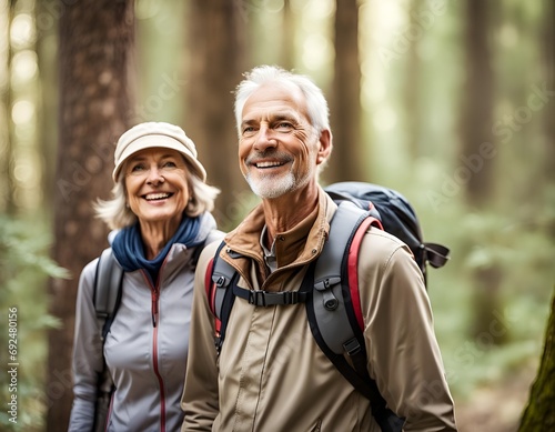 Retired Caucasian couple enjoying outdoors a nature trek in the forest. Senior couple