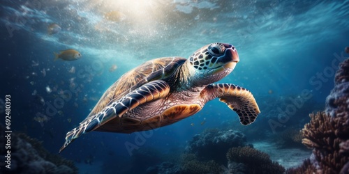 Sea turtle multicolored deep underwater is sunny rays. Ocean life, wildlife. Conservation species and population