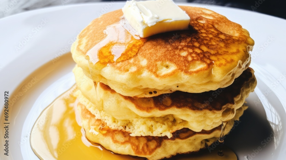 Coconut flour keto pancakes stacked high, topped with butter and sugar-free maple syrup