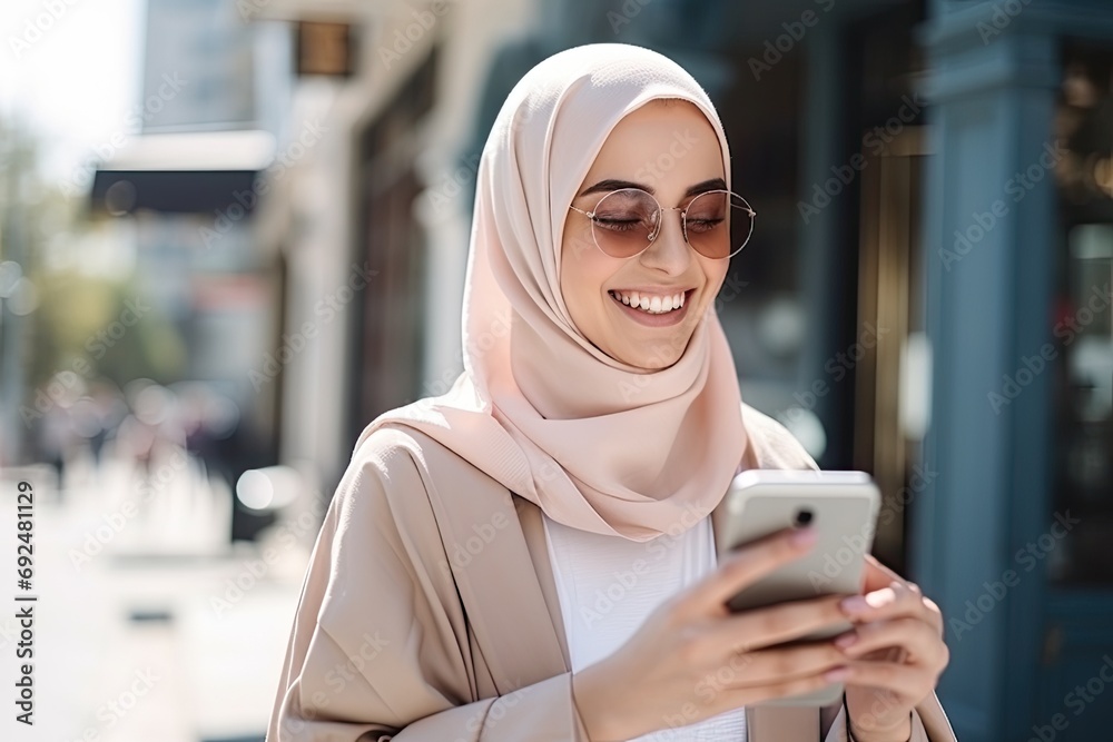 happy Muslim woman in hijab using a smartphone happy Muslim woman in hijab using a smartphone