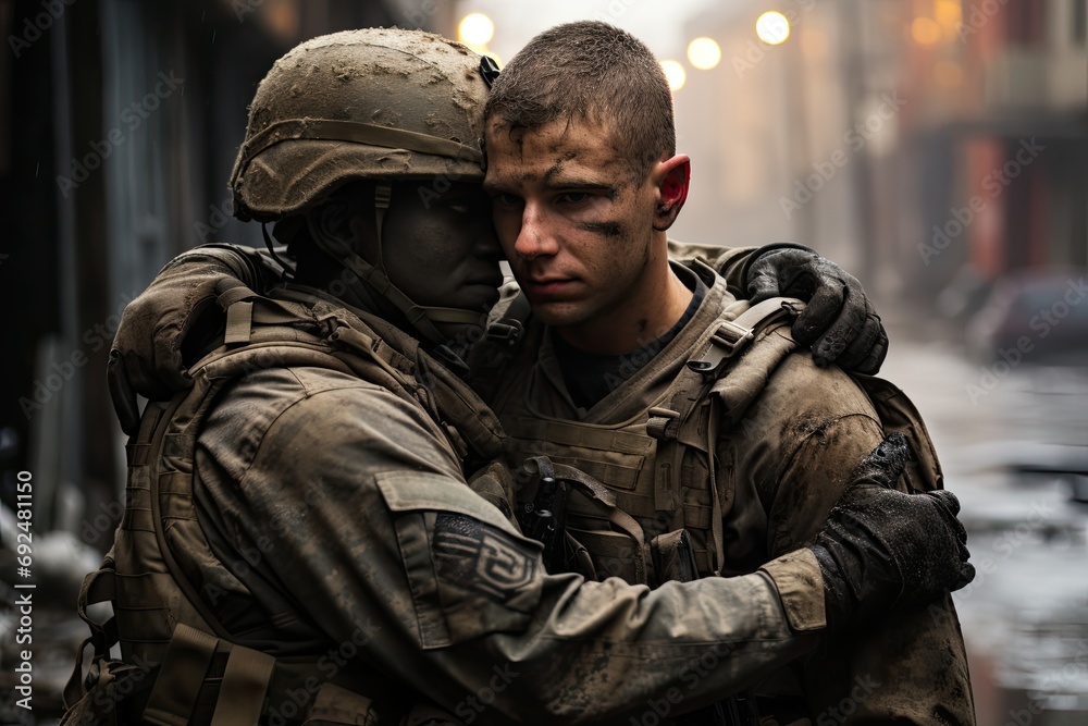 Male soldiers hugging each other on street