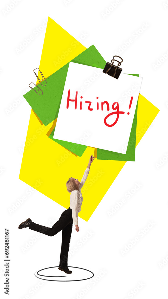 Hr manager showing announcement for open vacancies in company. Job fair. Contemporary art collage. Recruitment, job vacancy