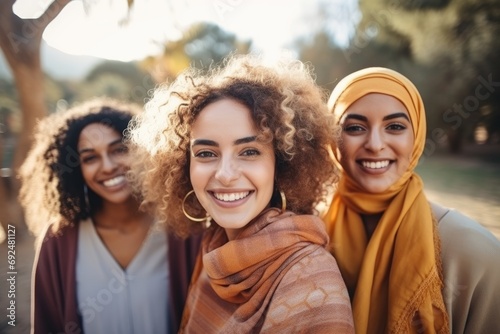 Diverse girlfriends standing on street in sunlight