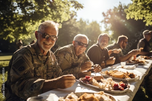 Senior male veterans eating in garden