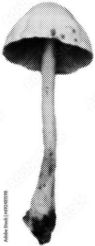 Mushroom in halftone dots texture, isolated black and white vector design element